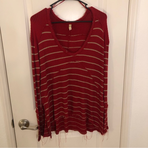 Free People Sunset Park Striped Thermal waffle Red Oversized XS Raw distressed - Picture 4 of 14